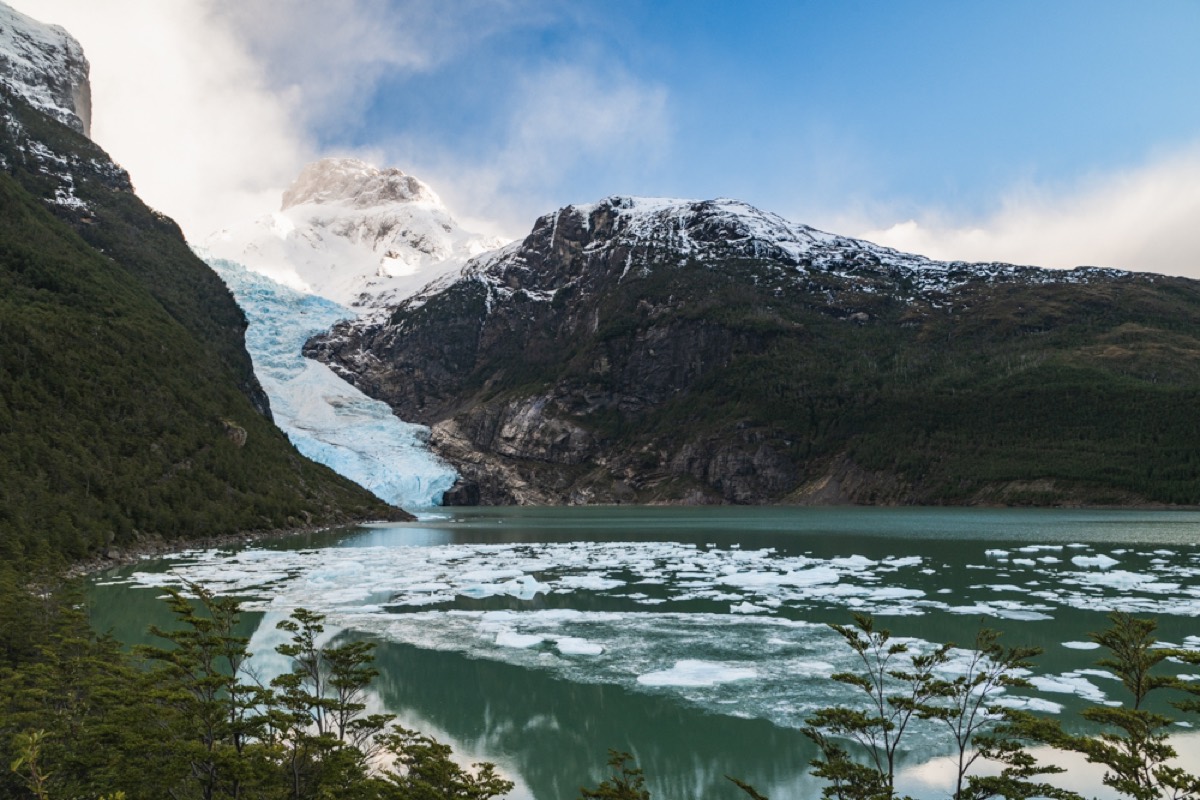 The Balmaceda hanging glacier descending to the Última Esperanza fjord with floating ice