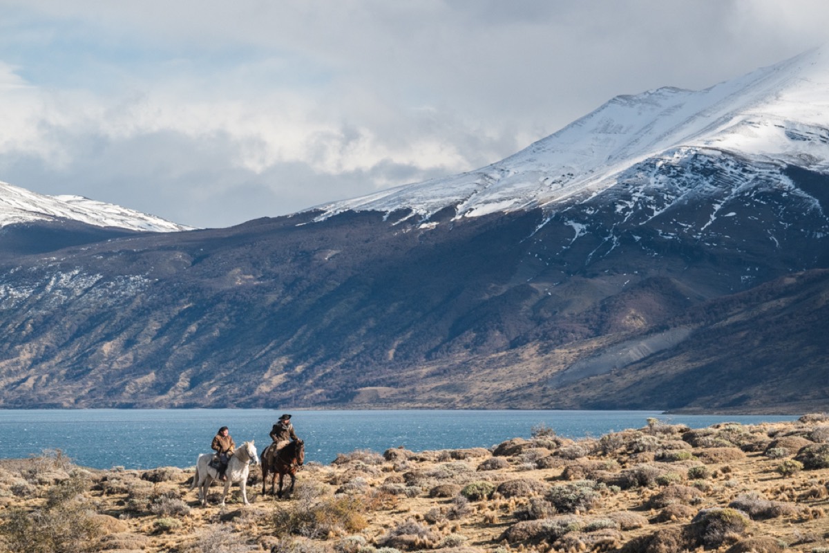 Two riders crossing the golden steppe by a lake
