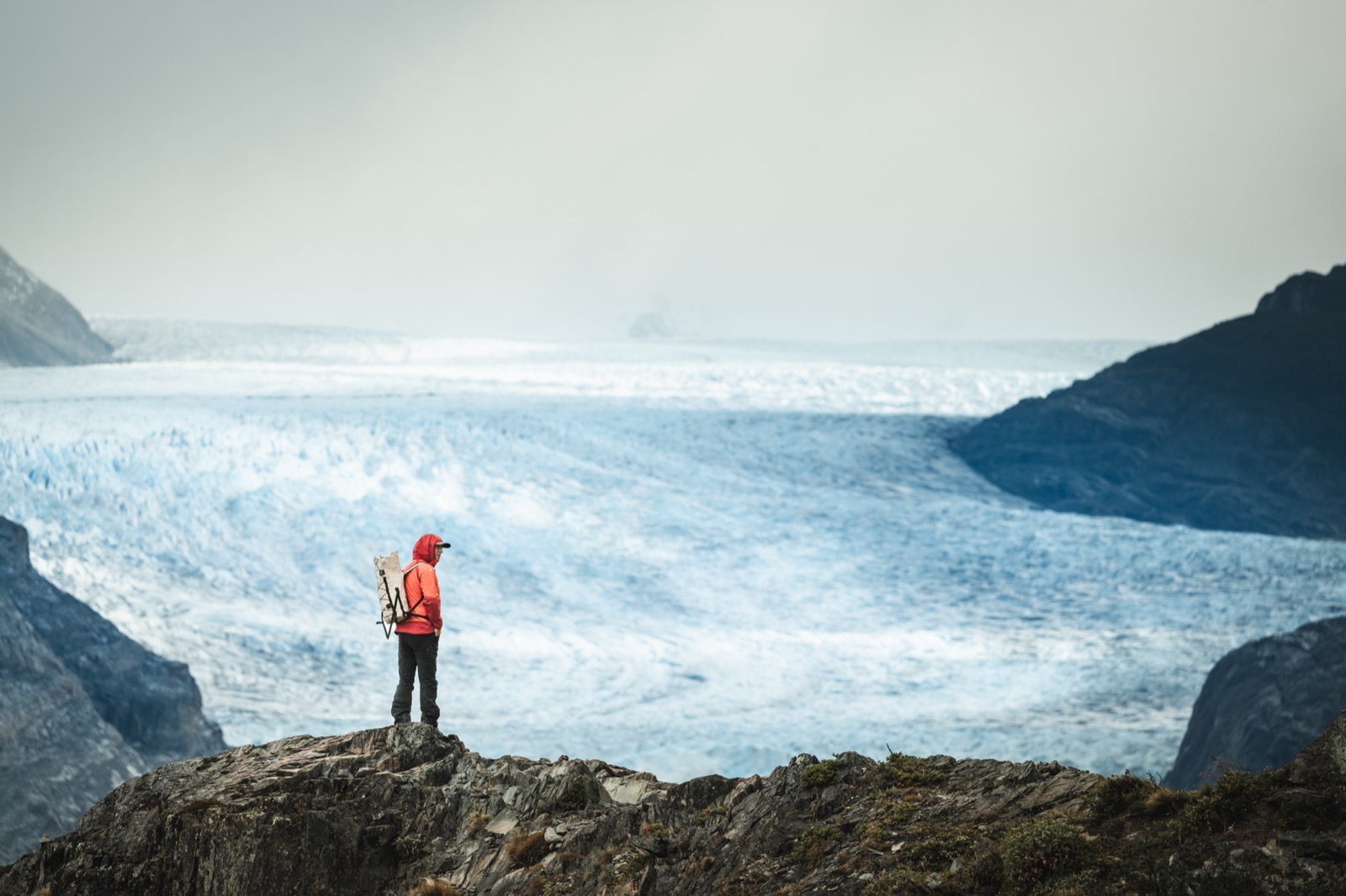 The blue ice wall of Grey Glacier seen from a lookout
