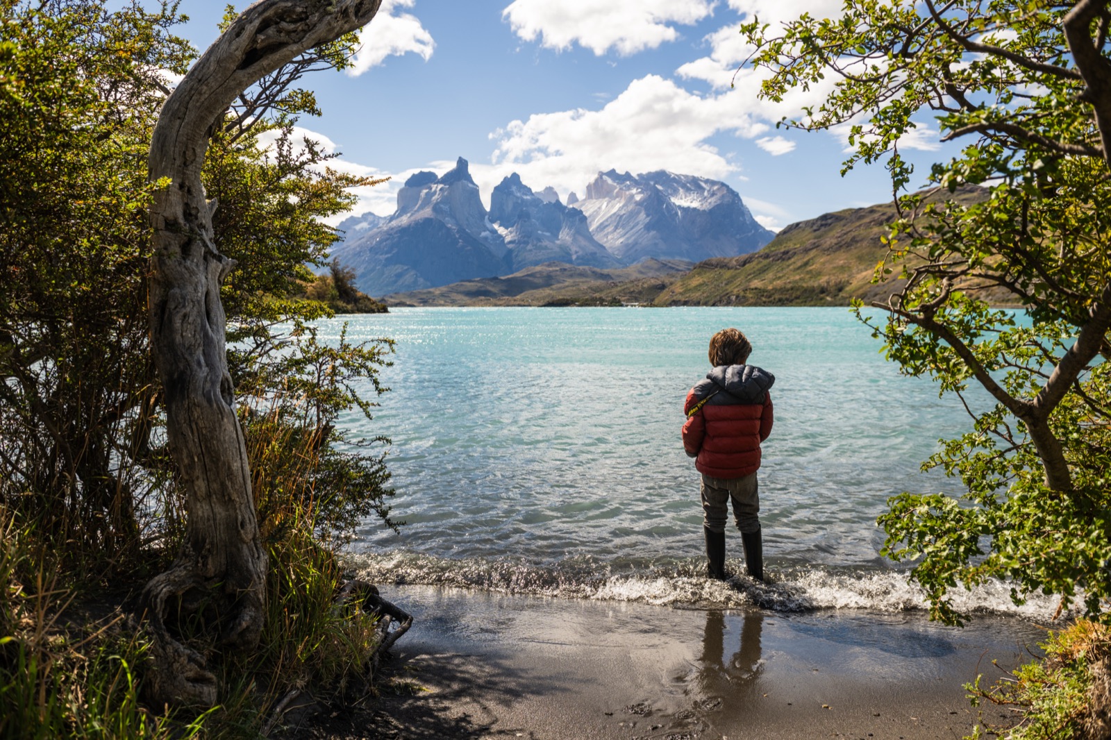 A couple looking out over a turquoise lake to the Cuernos del Paine on a full-day tour