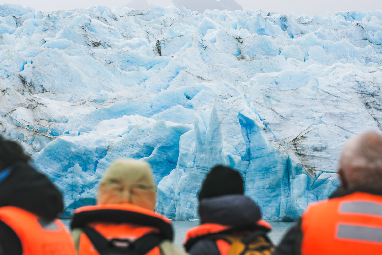 The blue ice wall of Grey Glacier meeting a rocky ridge, seen from the water