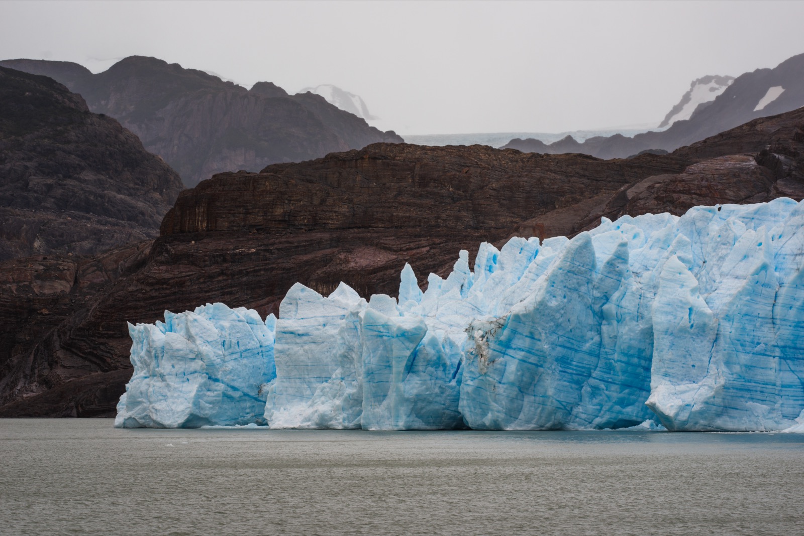 The blue ice wall of Grey Glacier meeting a rocky ridge, seen from the water